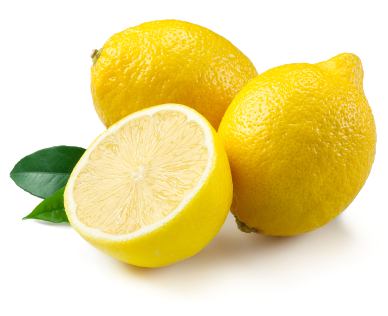 2 whole lemons and half a lemon with lemon leaves