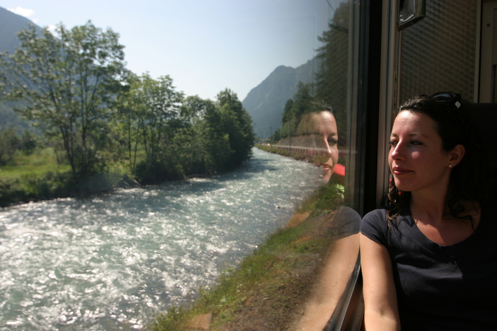 Woman traveling by train