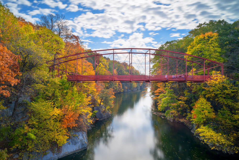 Red bridge at Lovers Leap in Connecticut, USA