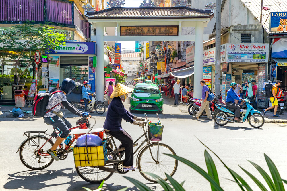 Ho Chi Minh City, Vietnam e January, 2017: street view of Pham Ngu Lao street, the backpacker district of Saigon.