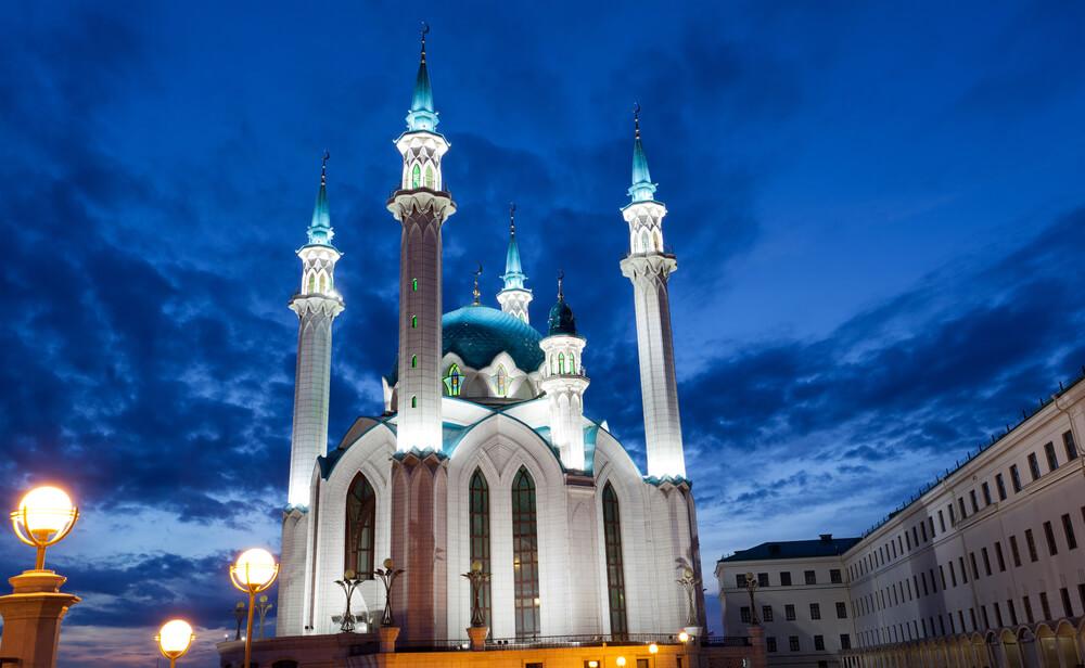 Qol Sharif mosque in Kazan, Russia with night illumination