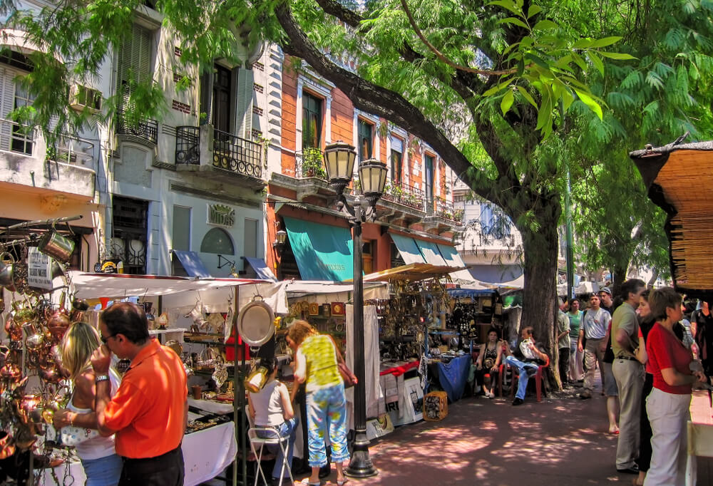 Buenos Aires, Argentina. Circa November 2012. Tourists visit popular San Telmo outdoors market in old town Buenos Aires.