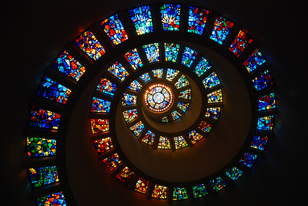 Dallas, TX, USA May 19, 2008 The spiraling stained glass windowed ceiling of the Thanks Giving Chapel recreates the Fibonacci sequence in Dallas, Texas